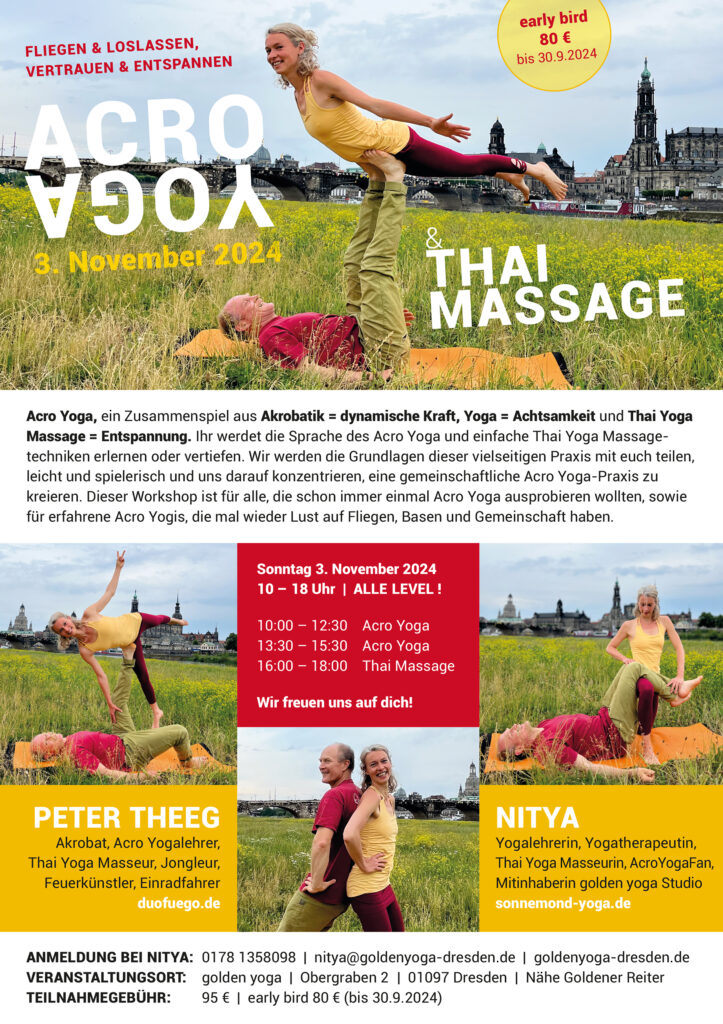 Acro Yoga & Thai Yoga Massage Workshop mit Peter Theeg & Nitya im golden yoga Dresden 2024