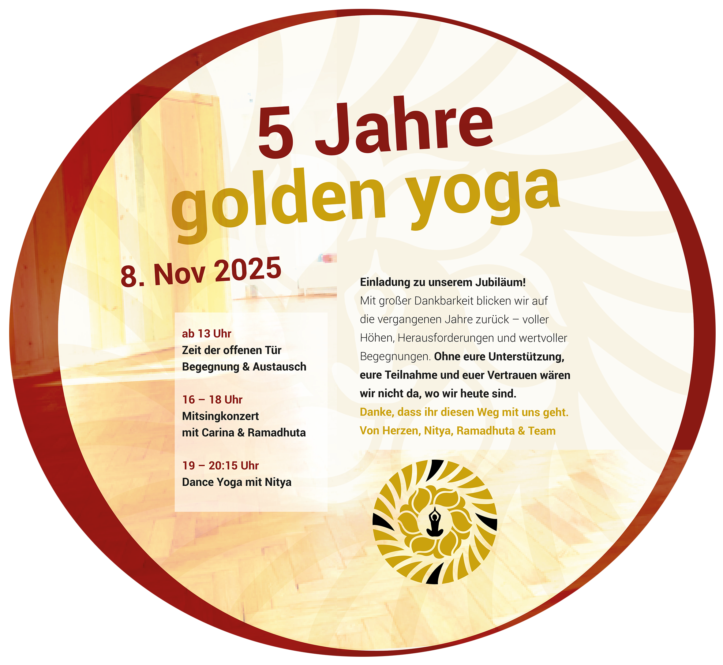 5 Jahre golden yoga Dresden Yogastudio Jubiläum Mitsingkonzert mit Carina & Ramadhuta Dance Yoga mit Nitya