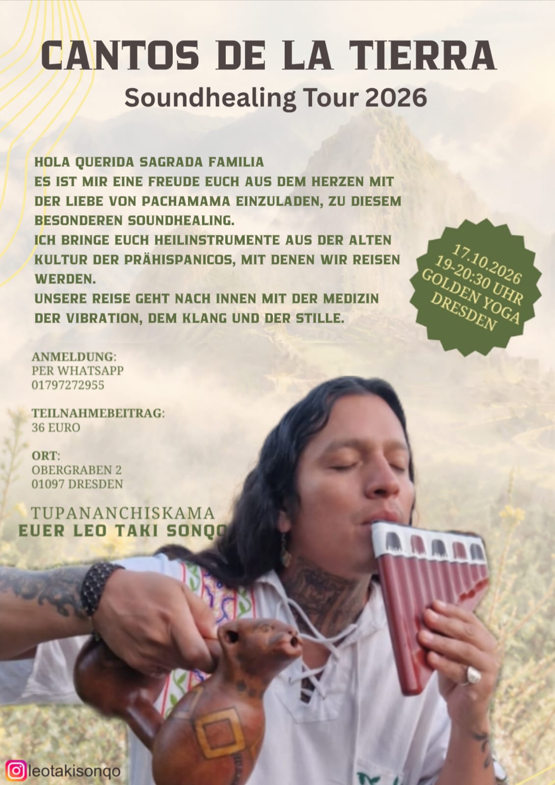 Soundhealing Tour 2026 - Cantos de la Tierra - mit Leo Taki Sonqo im golden yoga Dresden